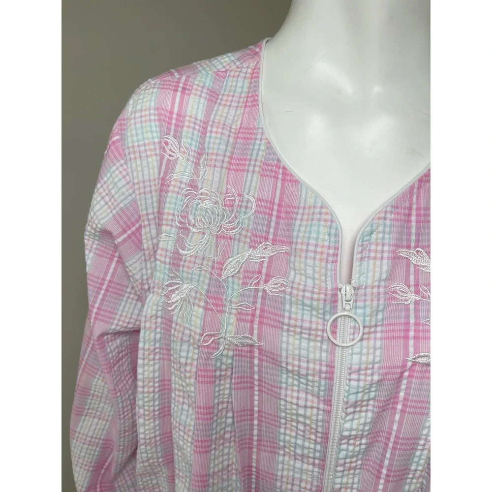 Miss Elaine Pink Plaid Seersucker Zip Front House Coat Robe Plus Size 1X